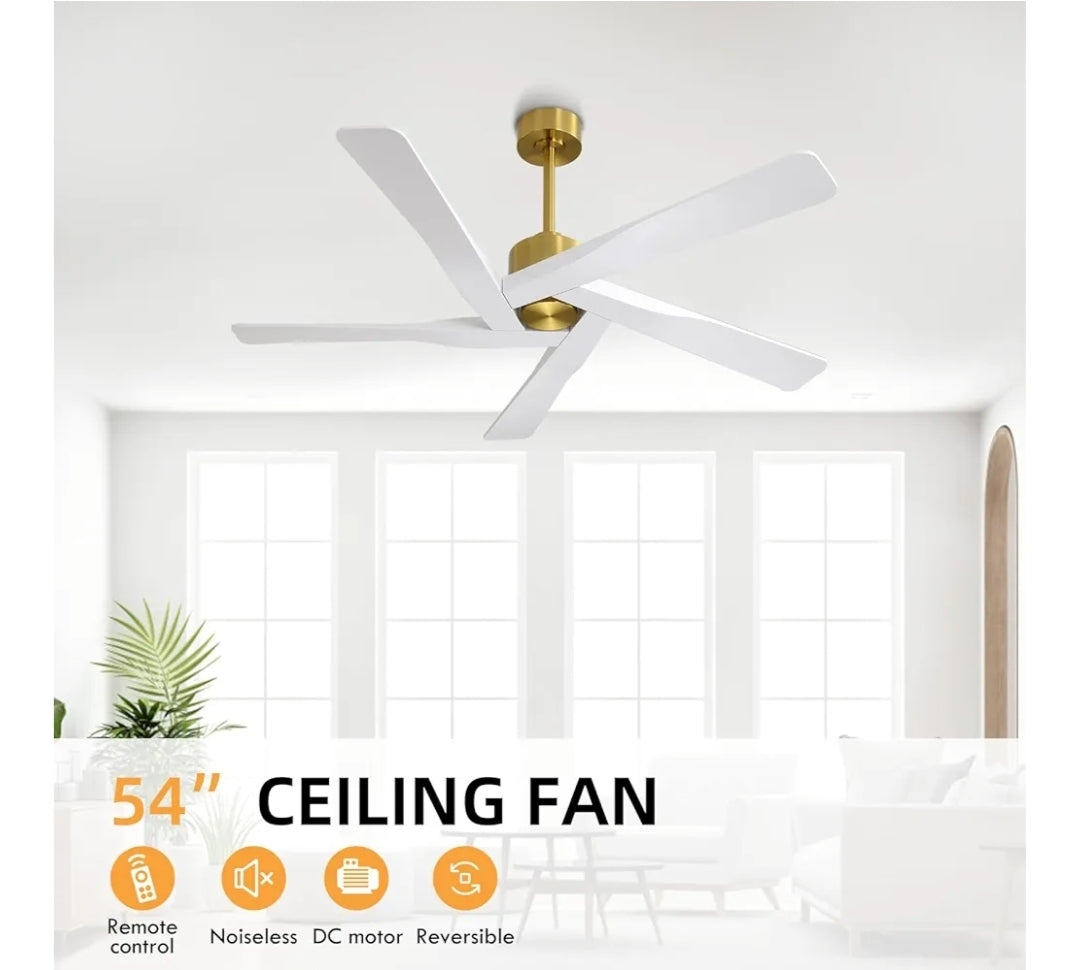 WINGBO 64" ABS DC Ceiling Fan No Light, 5 Blade ABS Plastic Ceiling Fan with Remote, 6-Speed Reversible DC Motor, Ceiling Fans without Light for Kitchen Bedroom Living Room, Brass and White
