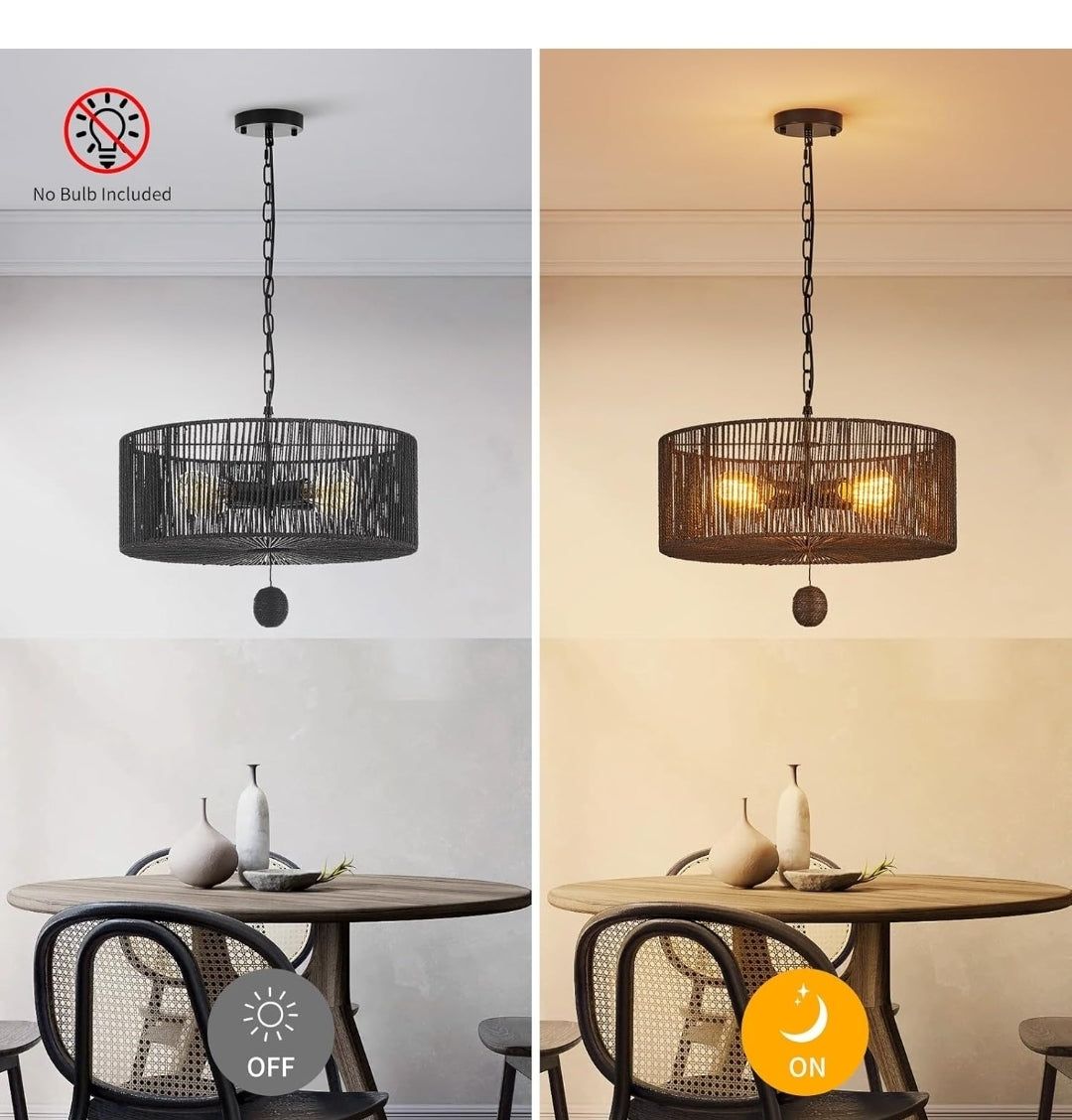 Drum Rattan Chandelier Light Fixture, Vintage Farmhouse 4-Lights Black Hand Woven Bamboo Chandelier, Rustic 19.7" for Dining Room, Bedroom, Kitchen
