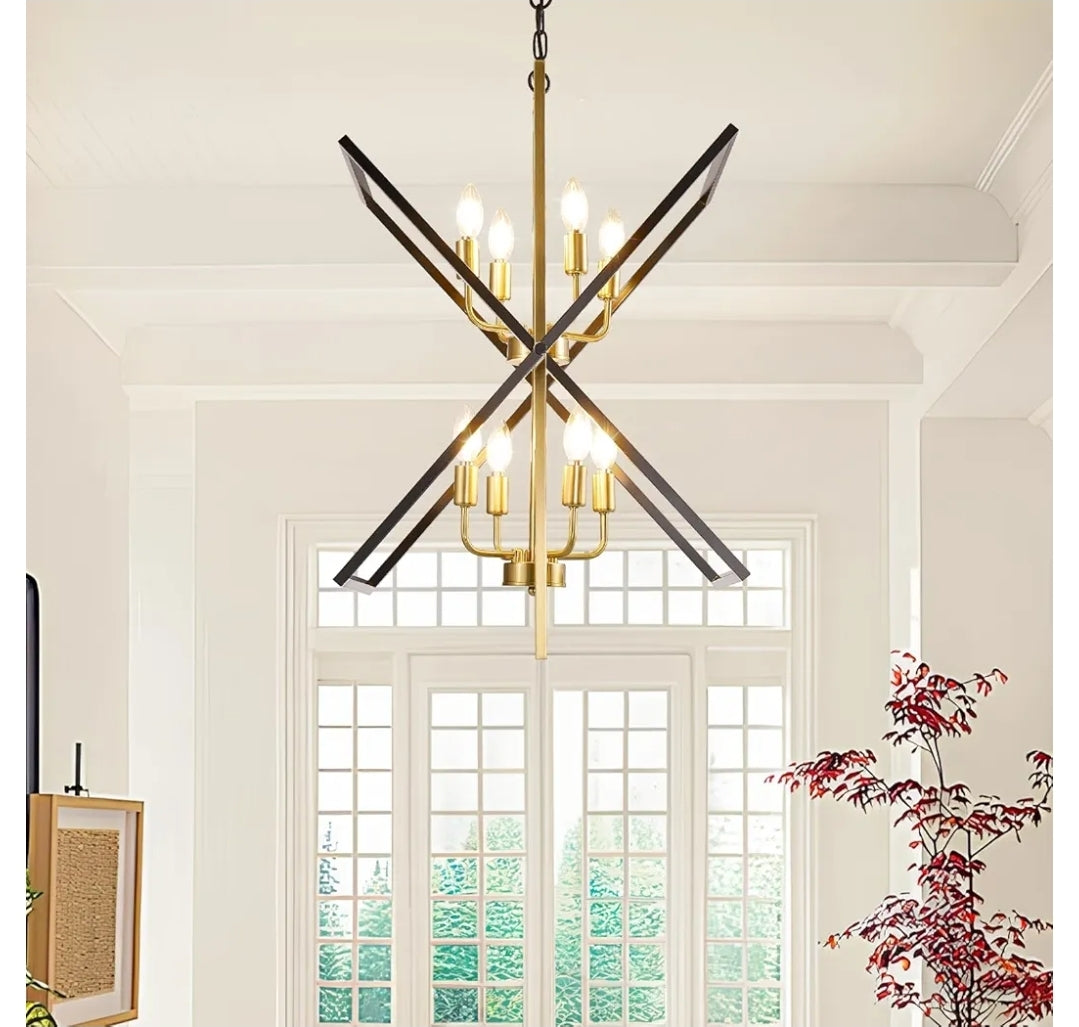 Black and Gold Chandelier, 8-Light Industrial Farmhouse Ceiling Pendant Light Fixtures, Modern Foyer Lighting Fixtures, Large Chandeliers for High Ceilings, Pendant Lights Kitchen Island for Entryway