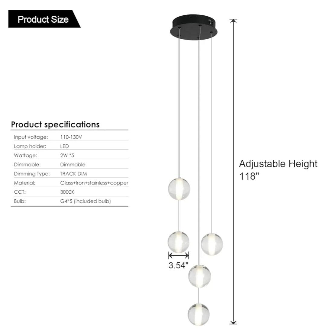 Modern Black 5 Lights Crystal LED Chandelier Raindrop High Ceiling Cluster Pendant Light Crystal Ball Hanging Lighting for Living Room Staircase Entryway Foyer Dining Room, H118" including Bulbs