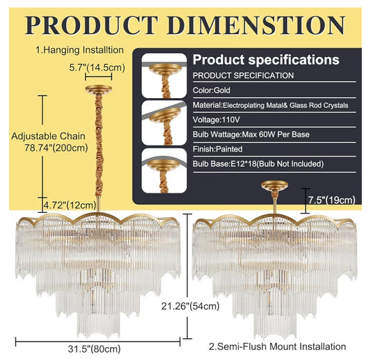 31.5" Gold Clear Glass Crystal Chandelier 18-Light Modern Crystal Pendant Ceiling Light Fixture 4-Tier Luxury Glass Chandeliers,for Dining Room Kitchen Island Living Room Bedroom