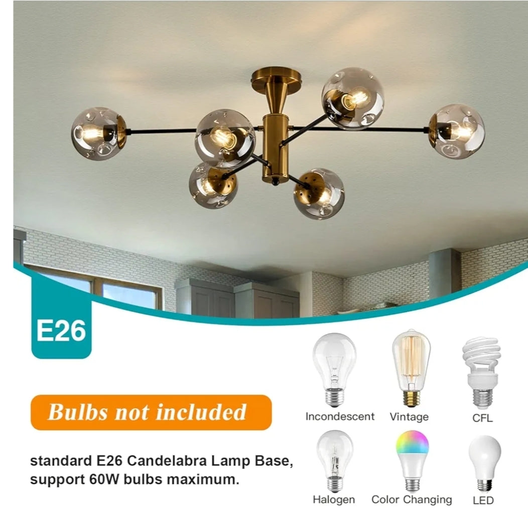 Modern Semi Flush Mount Ceiling Light Fixture 6-Light Sputnik Gold Chandelier with Glass Globe Mid Century Ceiling Lighting for Dinning Room Farmhouse Kitchen Bedroom Living Room.