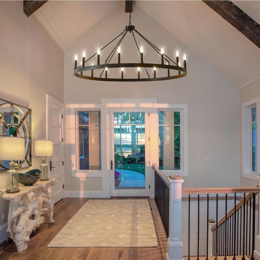 53 Inch Large Farmhouse Wagon Wheel Chandelier,Black 18-Light Rustic Round Hanging Light Fixture,Outdoor Wheel Chandelier for Porch High Ceilings Dining Room, Living Room, Entryway