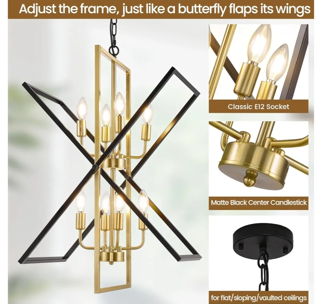 Black and Gold Chandelier, 8-Light Industrial Farmhouse Ceiling Pendant Light Fixtures, Modern Foyer Lighting Fixtures, Large Chandeliers for High Ceilings, Pendant Lights Kitchen Island for Entryway