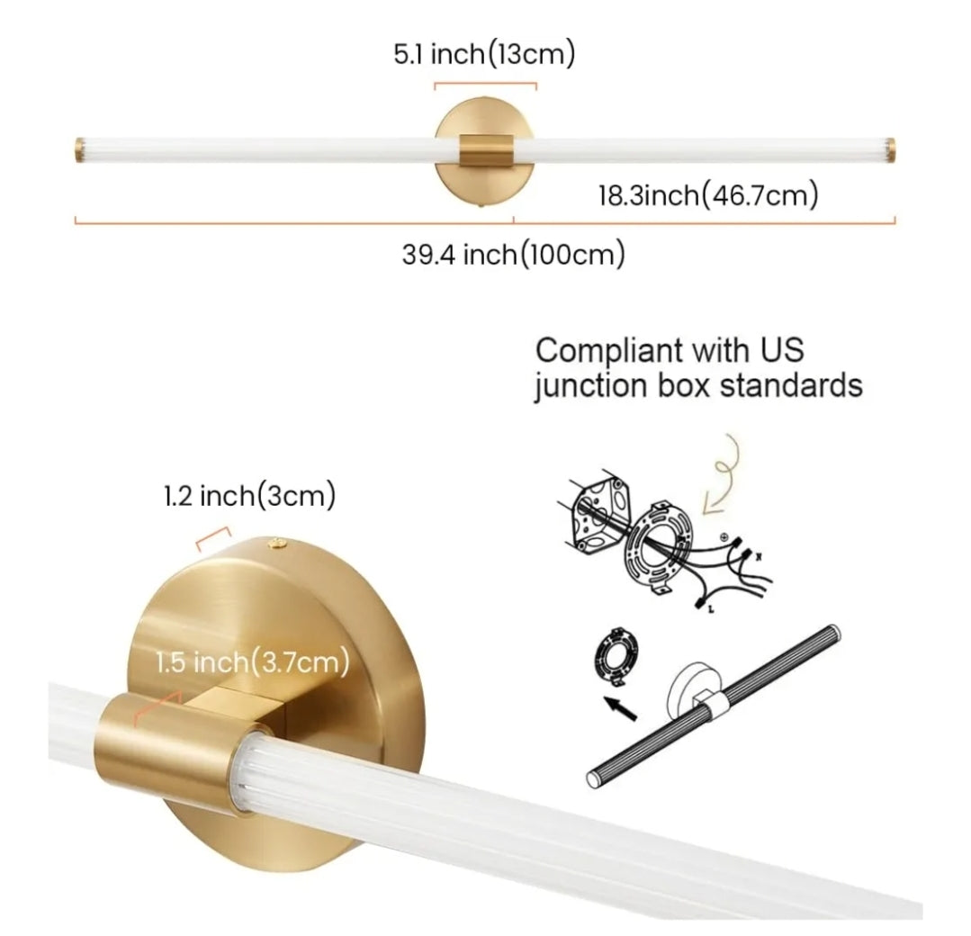 Dimmable LED Bathroom Vanity Lights 360° Full Lighting Bathroom Light Fixtures Over Mirror Vanity Light Bar Modern Wall Sconce Warm Light for Bedroom Living Room - Gold, 39 inch