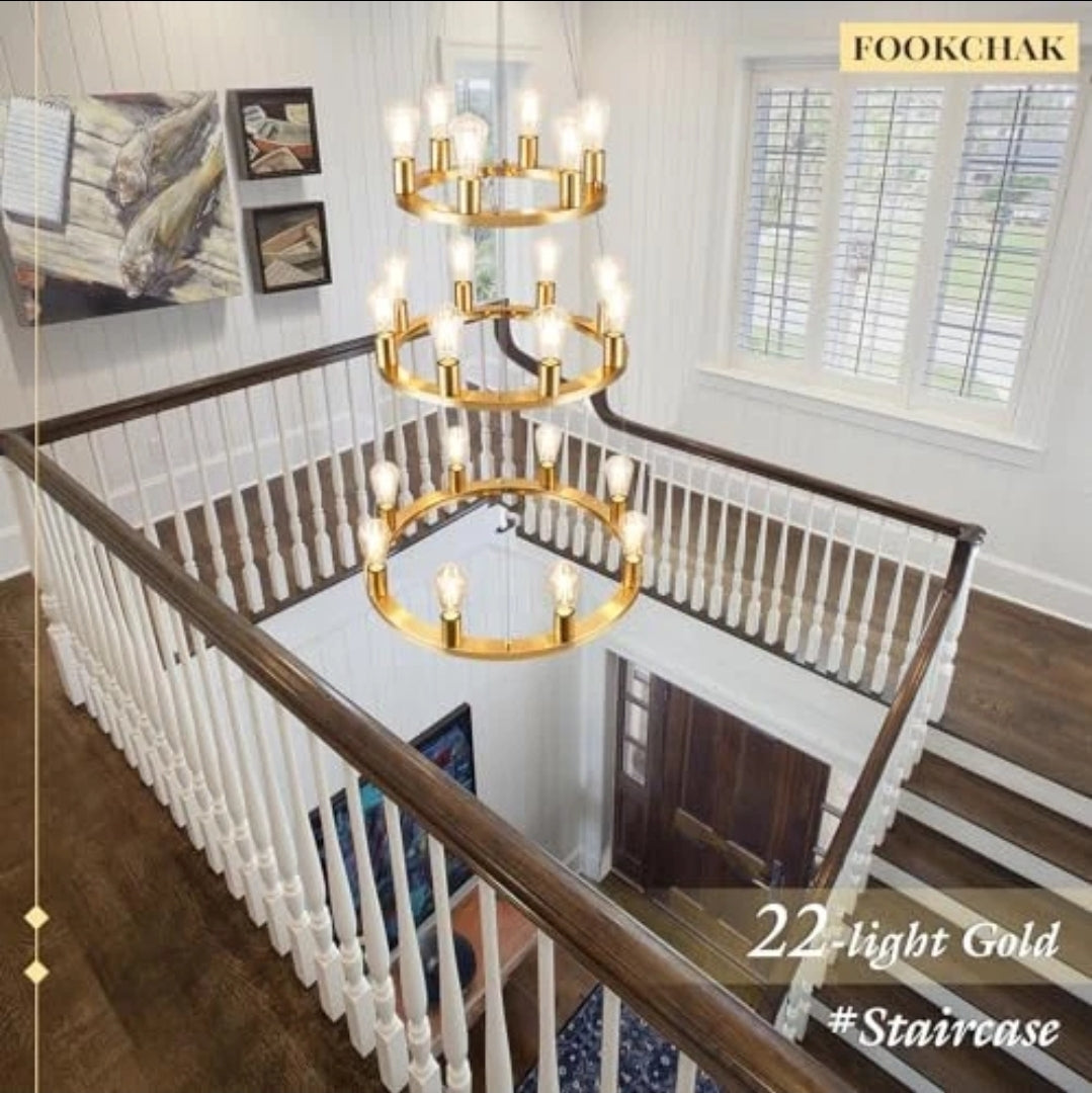 Gold Wagon Wheel Chandelier, 22-Light 24inch Foyer Chandelier High Ceiling Light Fixture 3-Ring Metal Round Chandeliers for Entryway Living Room Bedroom Dining Room
