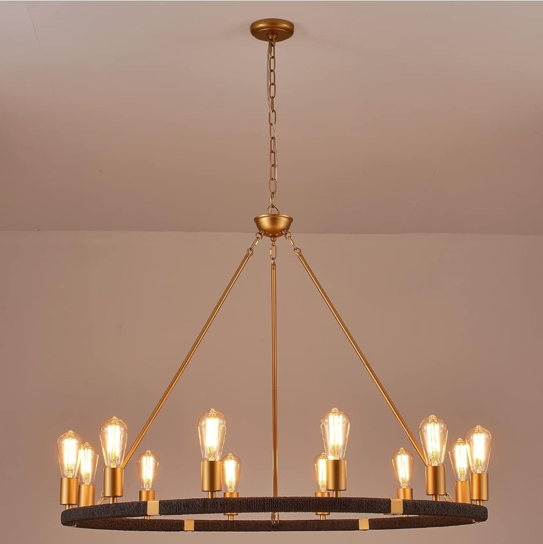 12-Lights Wagon Wheel Chandelier Bohemia Black Hand Woven Rattan Chandelier Farmhouse Large Brass Pendant Light for High Ceilings Living Room Dining Room, Dia 42 Inch, UL Listed