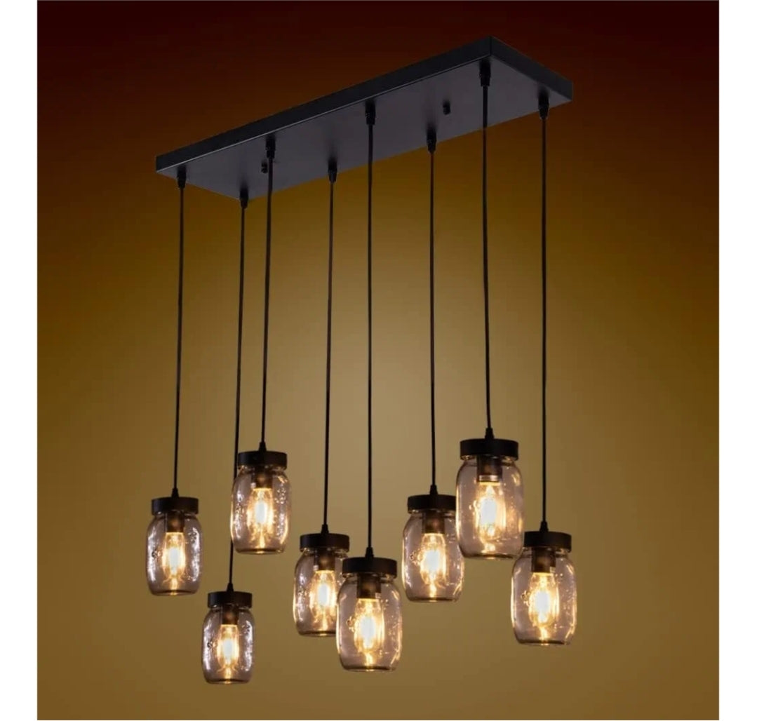 Wellmet 8-Light Mason Jar Chandelier for Dining Room, Farmhouse Rustic Linear Cluster Pendant Light Fixture for Living Room, Kitchen Island Lighting, Matte Black Finish with Glass Shades