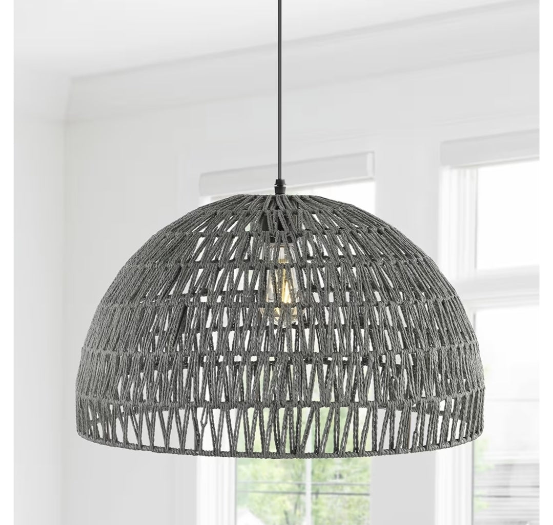 JONATHAN Y JYL6504D Campana 20" 1-Light Bohemian Modern Woven Rattan/Iron LED Pendant Farmhouse Coastal Adjustable Dining Room Living Room Kitchen Island Foyer Bedroom Hallway, Grey/Black