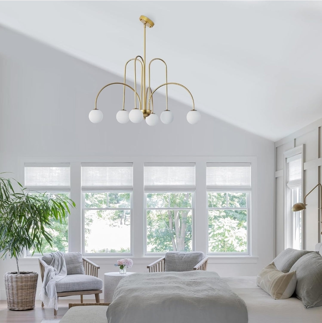 30" Mid Century Arch Chandelier, Large Modern Pendant Light Fixtures with Milk Glass Globe Shades Antique Brass Brush Paint Finish for Dining Room, Kitchen Island, Foyer, Living Room 6-Light