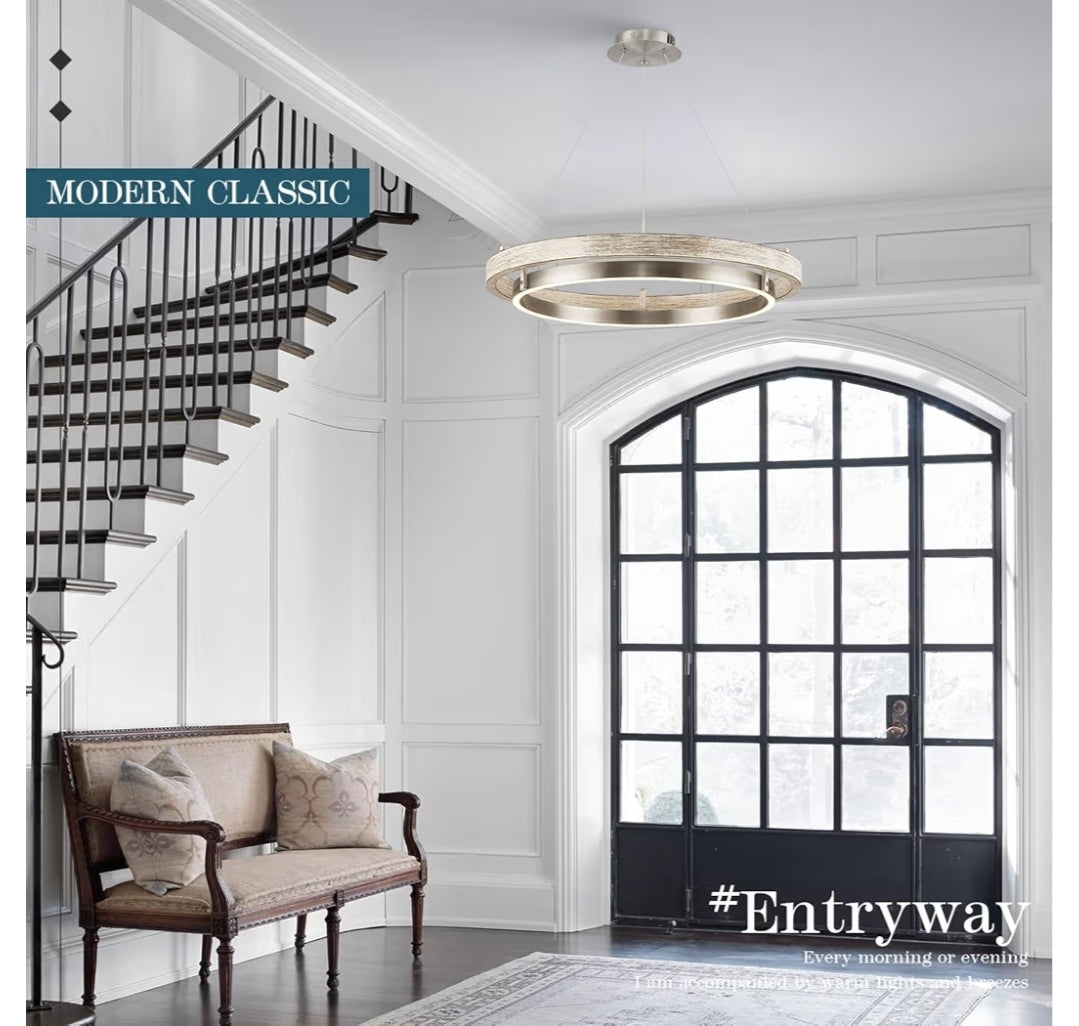 LED Ring Chandelier Weathered Wood Nickel Chandelier Dimmable Round Foyer Chandeliers Light Farmhouse Circular Chandeliers for Dining Room Entry Bedroom Office Living Room, 24in