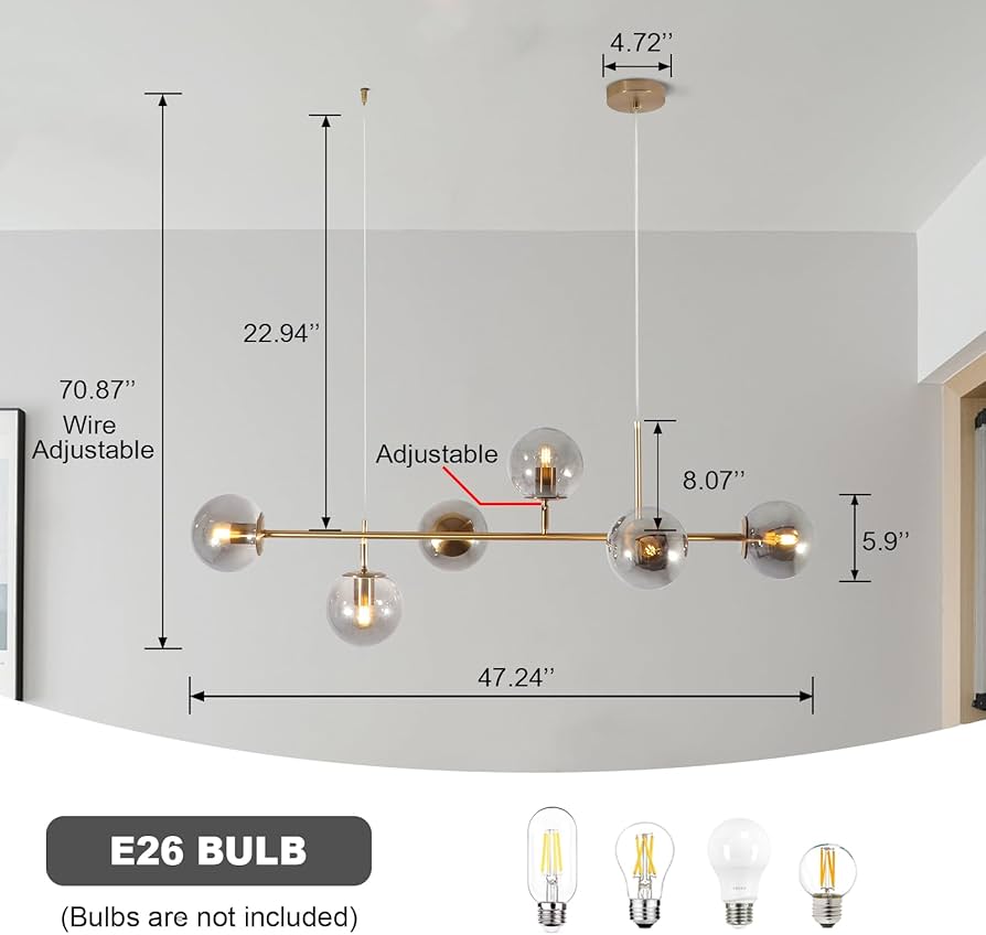 Bektas Globe – Modern Mid-Century Gold Chandelier, 6-Light Gold and Amber Glass Chandelier for Dining Room, Kitchen, Living Room