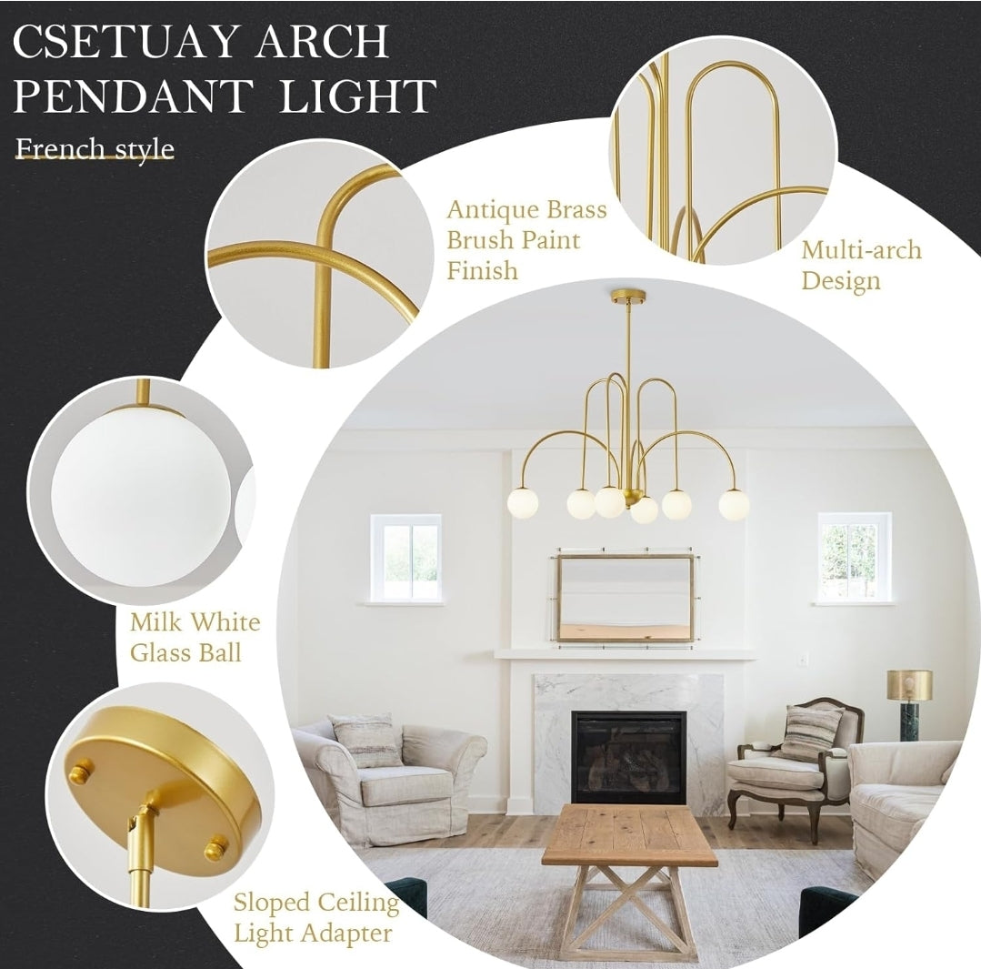 30" Mid Century Arch Chandelier, Large Modern Pendant Light Fixtures with Milk Glass Globe Shades Antique Brass Brush Paint Finish for Dining Room, Kitchen Island, Foyer, Living Room 6-Light