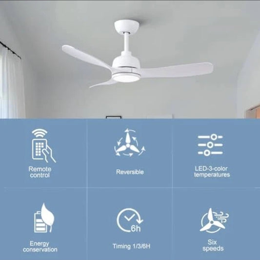 42-Inch White Ceiling Fan with Light - Remote Control, 3 Color Changing, Dimmable, Reverse Rotation - Quiet, 6 Speeds - Ideal for Living Room, Bedroom, Balcony