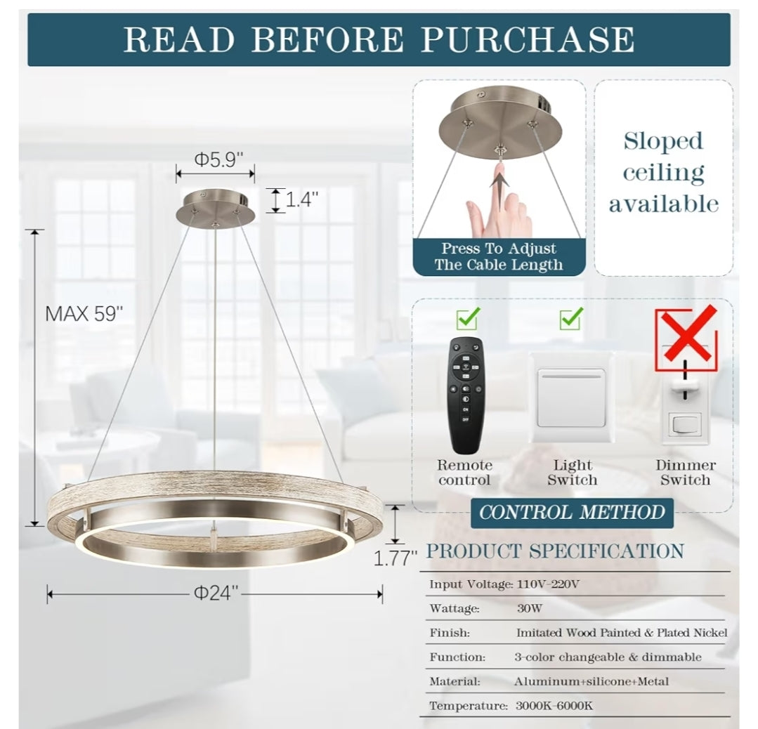 LED Ring Chandelier Weathered Wood Nickel Chandelier Dimmable Round Foyer Chandeliers Light Farmhouse Circular Chandeliers for Dining Room Entry Bedroom Office Living Room, 24in