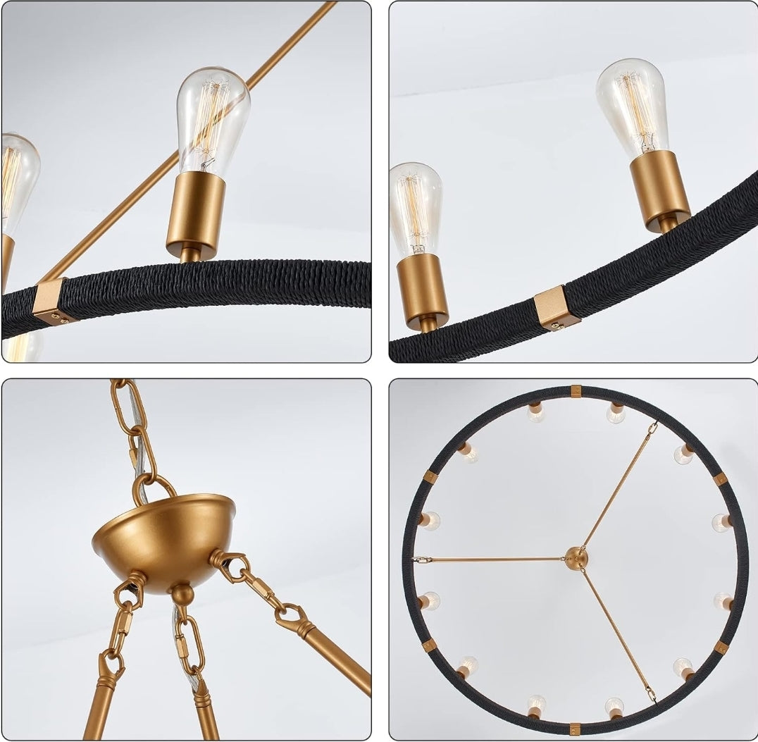 12-Lights Wagon Wheel Chandelier Bohemia Black Hand Woven Rattan Chandelier Farmhouse Large Brass Pendant Light for High Ceilings Living Room Dining Room, Dia 42 Inch, UL Listed