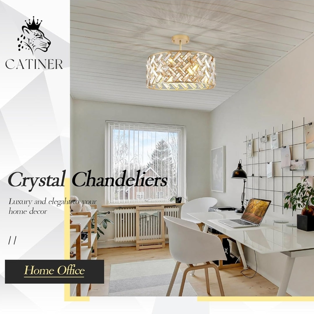 Gold Crystal Chandelier Modern 18" Round Semi Flush Mount Ceiling Light for Dining Living Room Bedroom & Foyer - Large Round Pendant Fixture