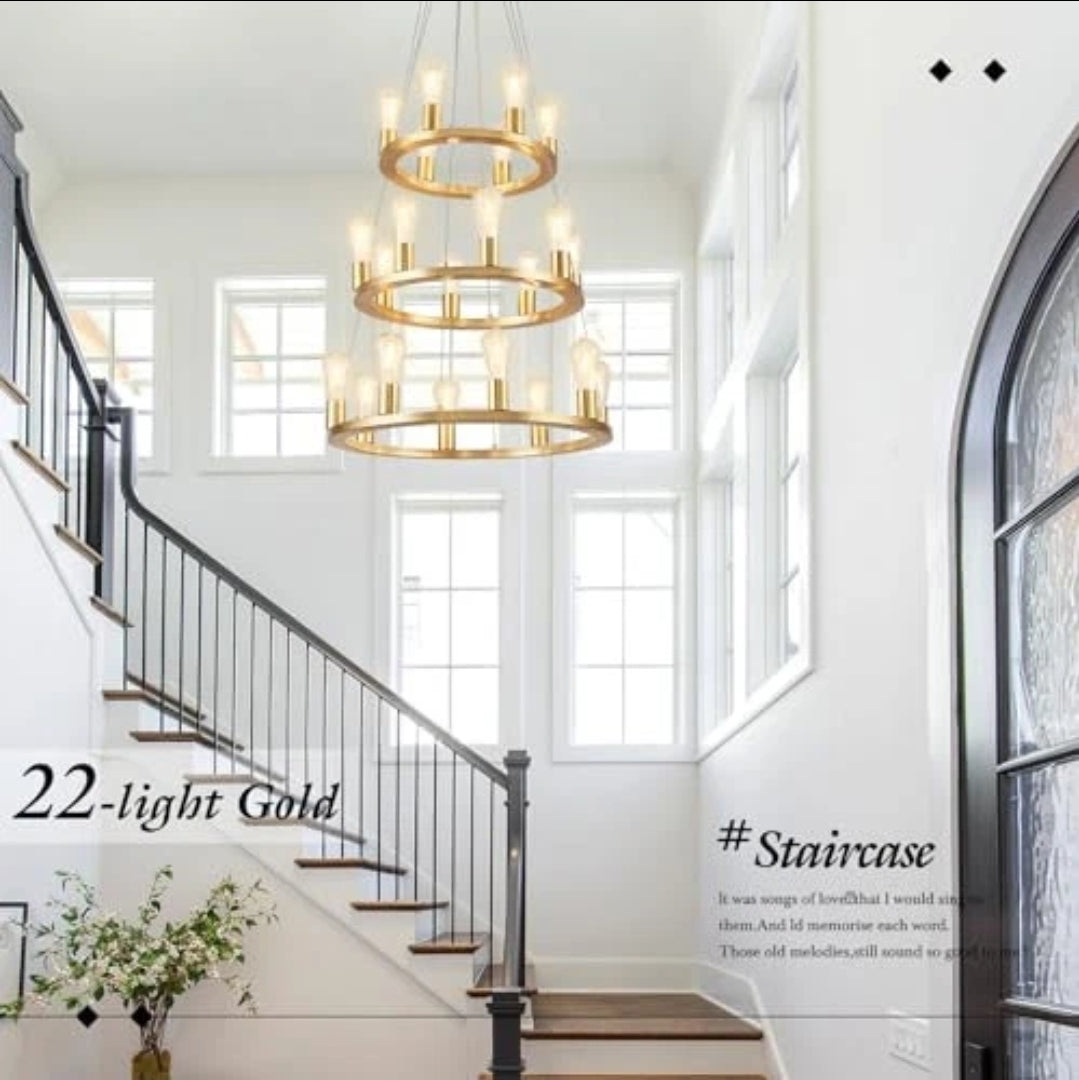 Gold Wagon Wheel Chandelier, 22-Light 24inch Foyer Chandelier High Ceiling Light Fixture 3-Ring Metal Round Chandeliers for Entryway Living Room Bedroom Dining Room
