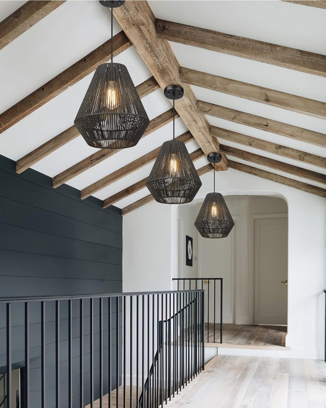 ELYONA Modern Woven Pendant Light Fixtures 11.8" Farmhouse Coastal Hanging Lamp Matte Black Handwoven Rattan Basket Shade Boho Pendant Light for Kitchen Island Dining Room Bar Bedroom Foyer Hallway