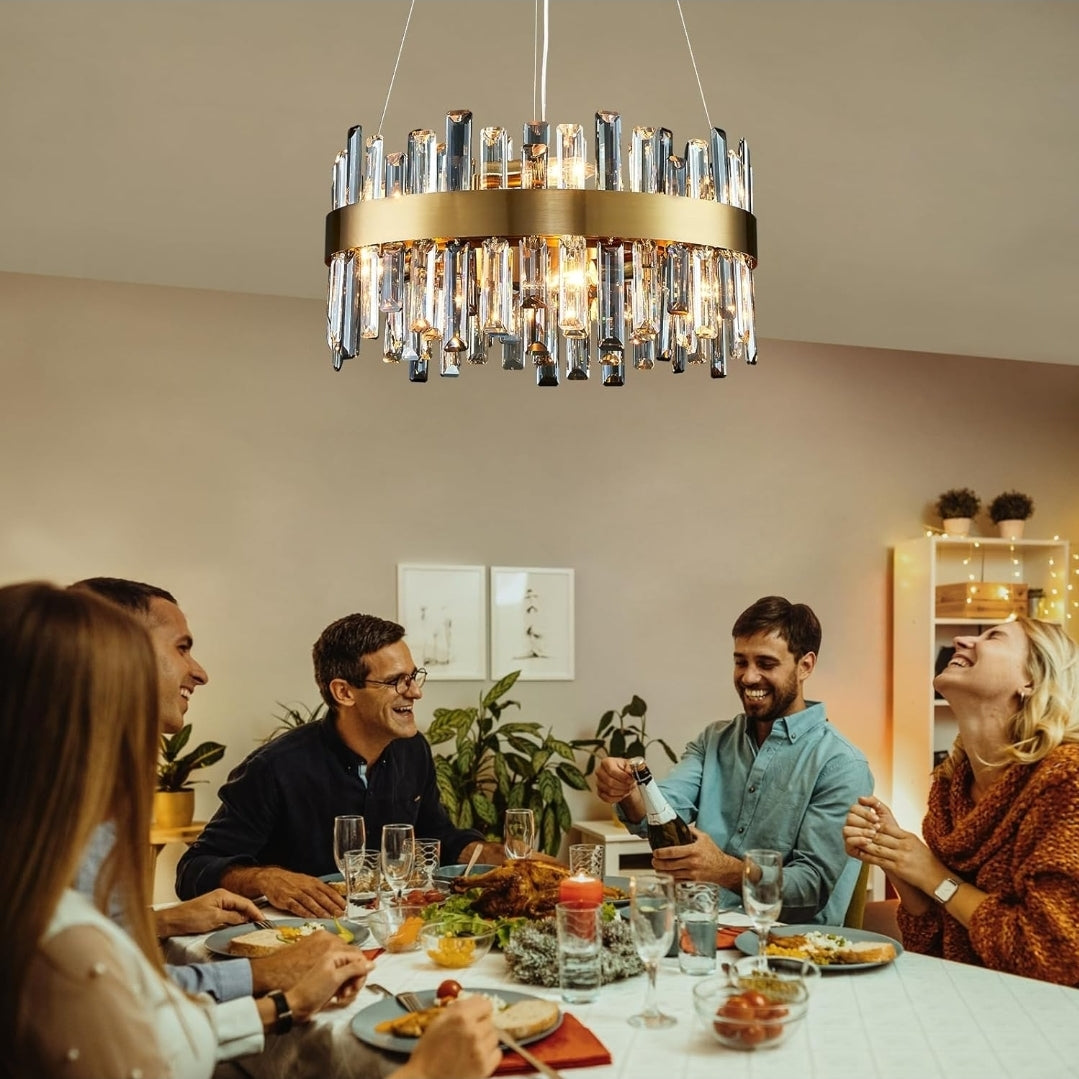 Siljoy 19.7'' Modern Crystal Chandelier, 12-Light Brass Gold Round Raindrop Chandelier Lighting, Luxury Adjustable Hanging Pendant Light Fixture for Living Dining Room Kitchen Island Bedroom Foyer
