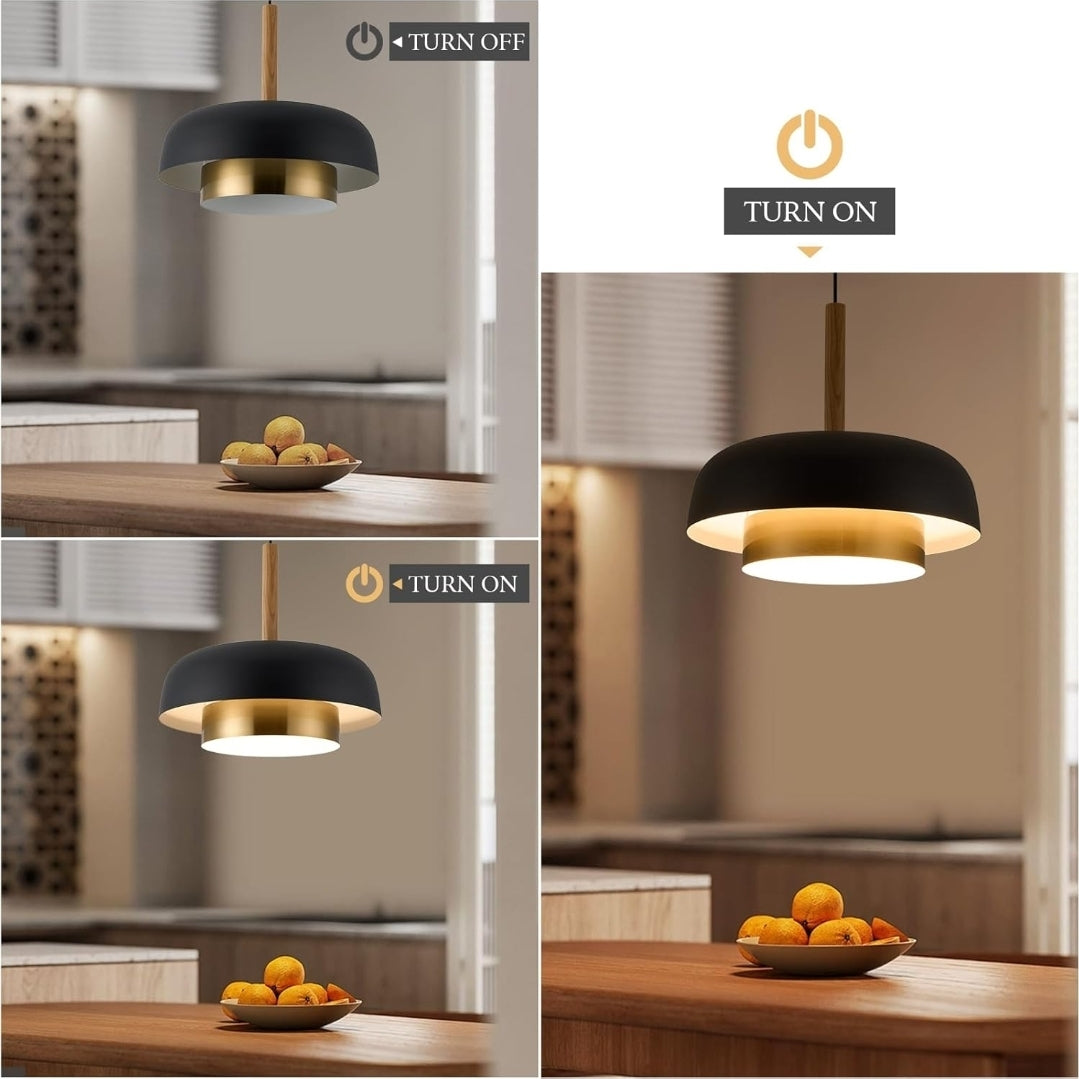 Mid Century Pendant Lighting,18.8 inch,2 Tiers,Raw Wood Accent,Black and Gold Modern Chandelier for Kitchen Island, Dining Room, Living Room