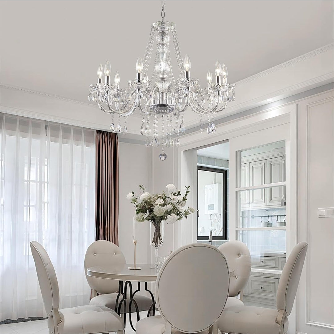 PAPAYA Plug in Crystal Chandeliers Clear Chandelier 25 * 27.5in 10-Light Modern Pendant Ceiling Lighting Fixture with Acrylic Crystals & Beads for Girls Room,Living Room,Kitchen Island,Entryway.