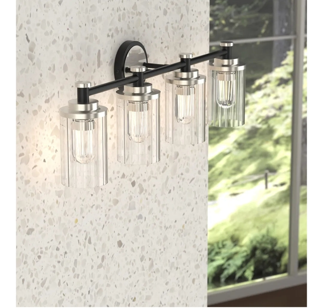 Bathroom Lighting Fixtures Black and Brushed Nickel Bathroom Vanity Light with Cylindrical Clear Stripes Glass Lampshade E26 Socket Base Bathroom Lighting Fixtures Over Mirror (4 Lights)