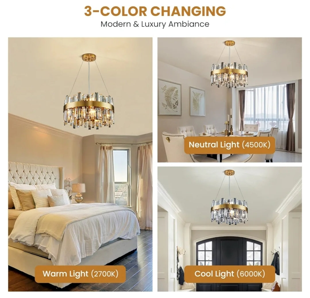 Siljoy 19.7'' Modern Crystal Chandelier, 12-Light Brass Gold Round Raindrop Chandelier Lighting, Luxury Adjustable Hanging Pendant Light Fixture for Living Dining Room Kitchen Island Bedroom Foyer