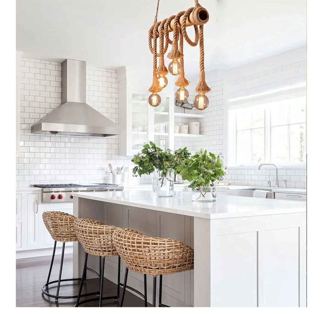 UNITARY Farmhouse Pendant Lights Kitchen Island, Kitchen Light Fixtures, Rustic Dining Room Light Fixture with 6 E26 Bulb Sockets, Black Metal and Bamboo Ceiling Pendant Light Fixtures