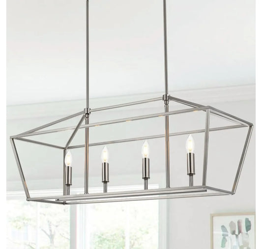 4-Lights Brushed Nickel Farmhouse Chandelier, Dining Room Pendant Lighting Fixtures Adjustable Height, Kitchen Island Light Ceiling Mount E12 Socket