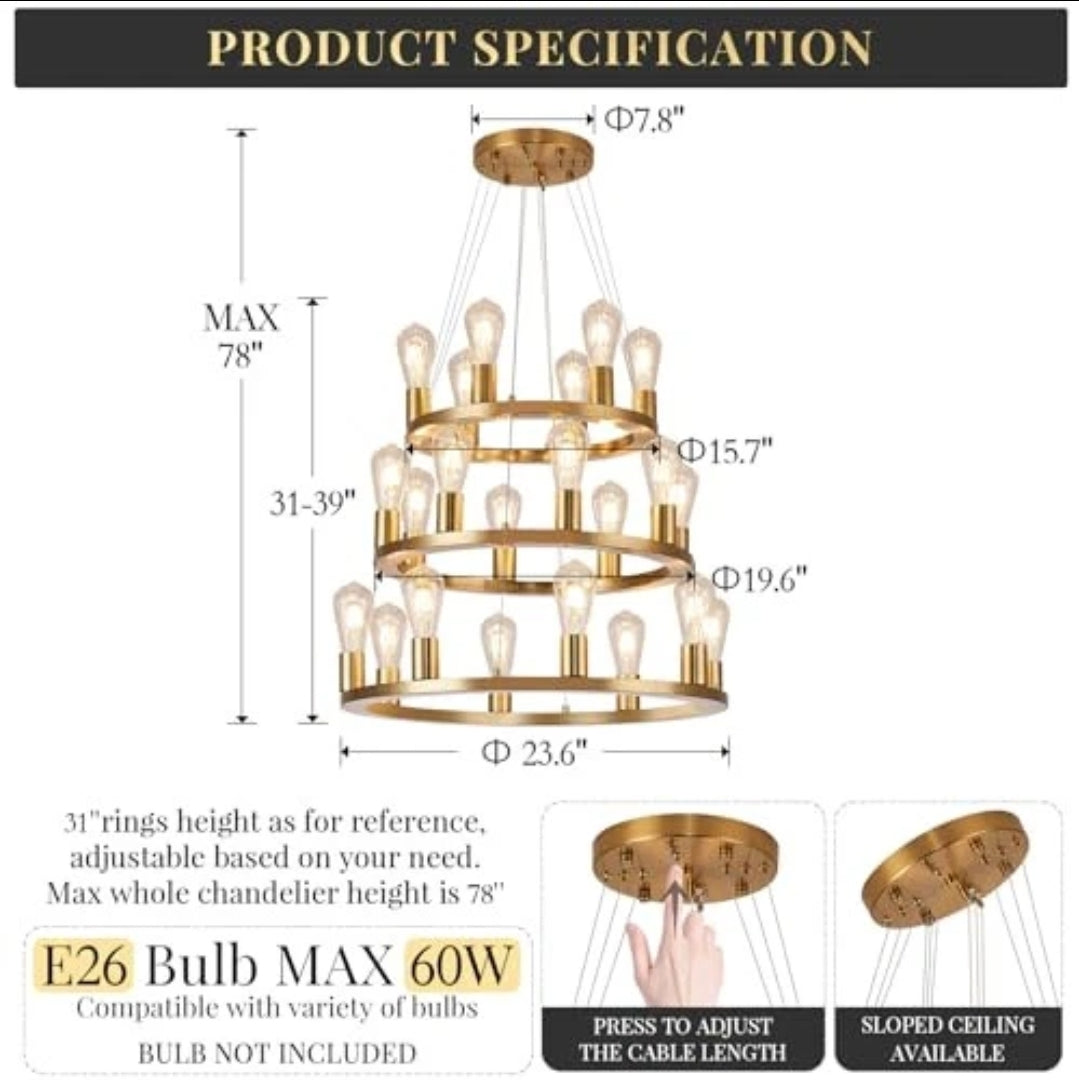 Gold Wagon Wheel Chandelier, 22-Light 24inch Foyer Chandelier High Ceiling Light Fixture 3-Ring Metal Round Chandeliers for Entryway Living Room Bedroom Dining Room