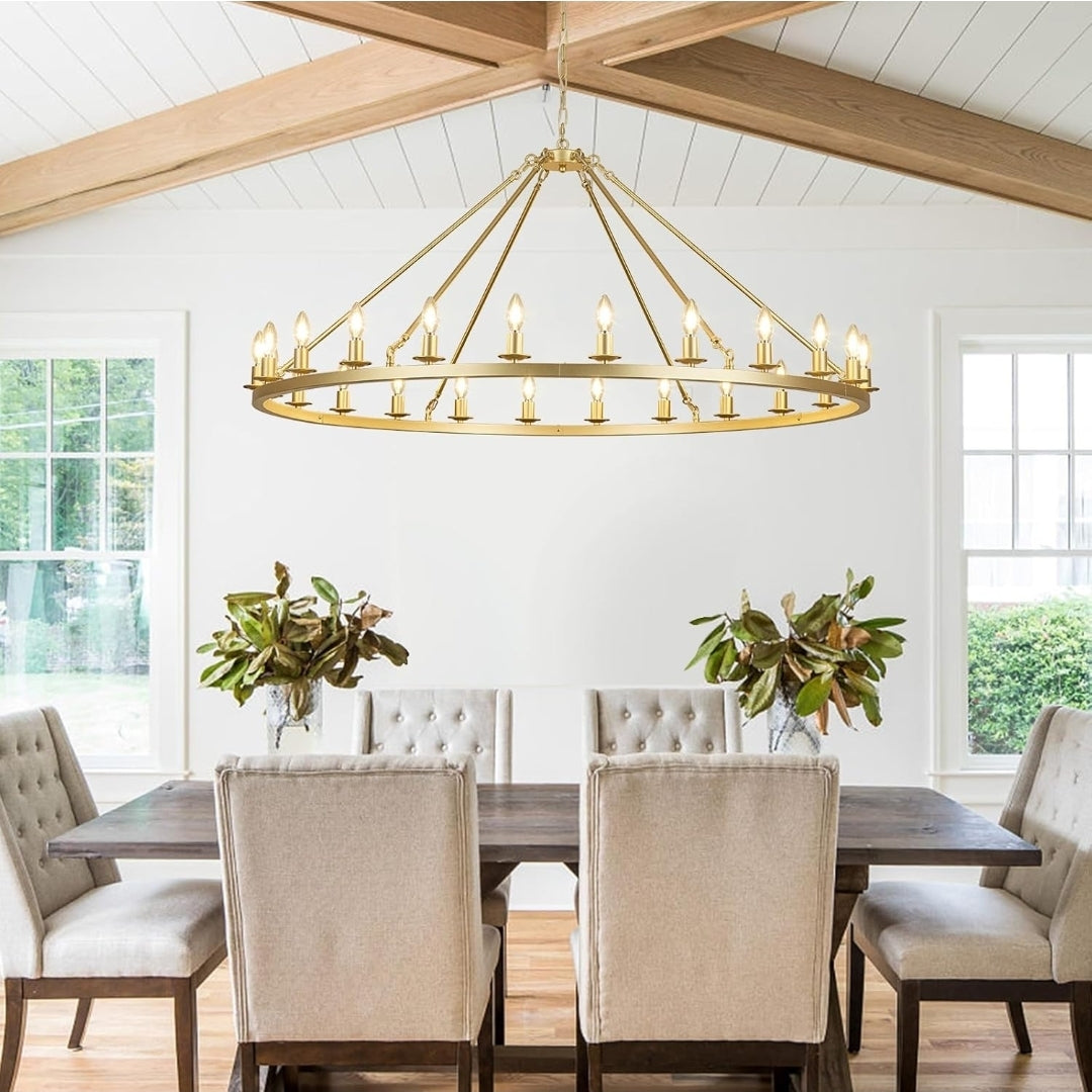 Gold Wagon Wheel Chandelier 53-Inch 24-Light,Extra Large Round Rustic Farmhouse Chandelier Metal Circle Chandeliers for Dining Room Living Room High Ceilings