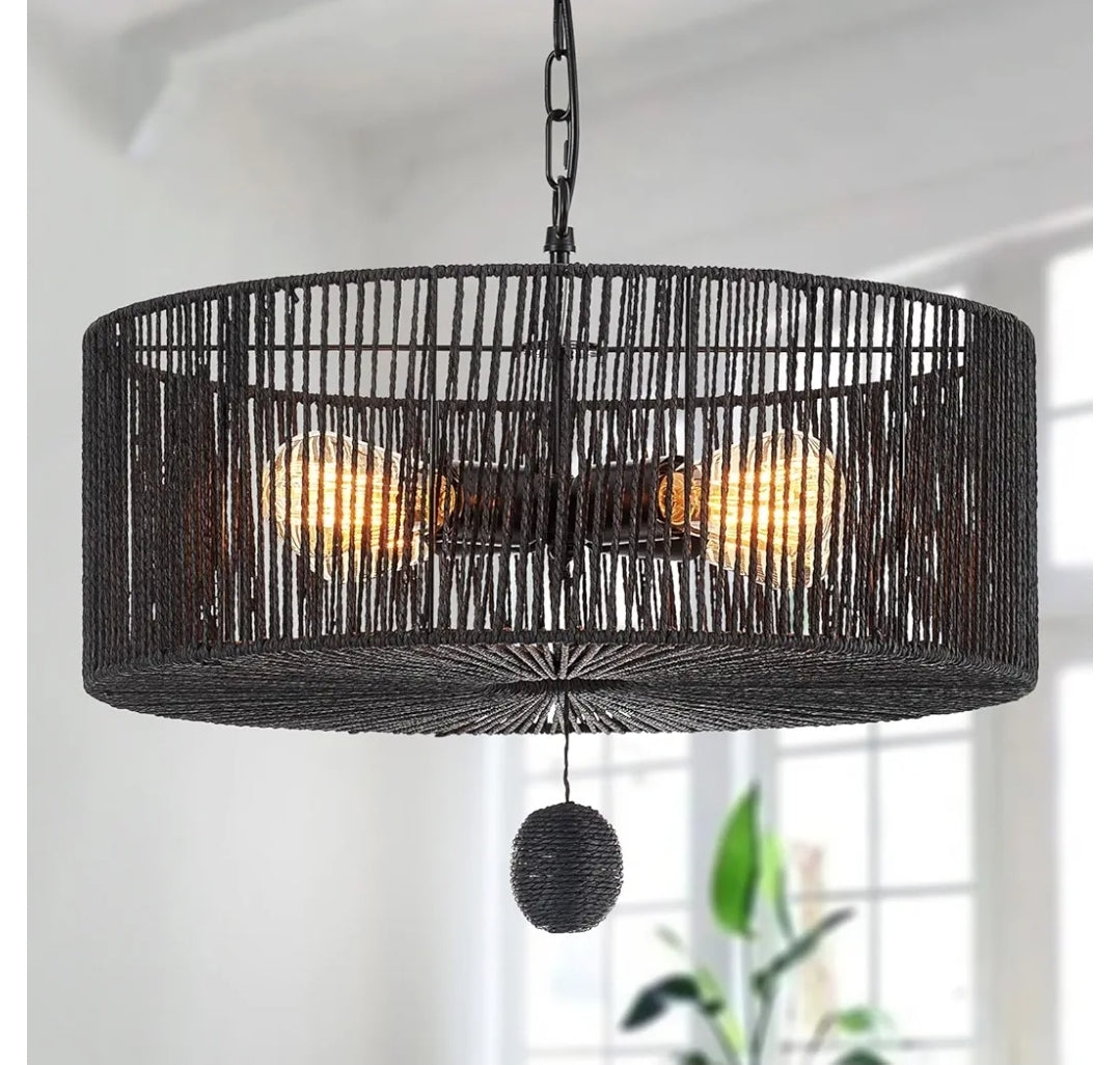 Drum Rattan Chandelier Light Fixture, Vintage Farmhouse 4-Lights Black Hand Woven Bamboo Chandelier, Rustic 19.7" for Dining Room, Bedroom, Kitchen