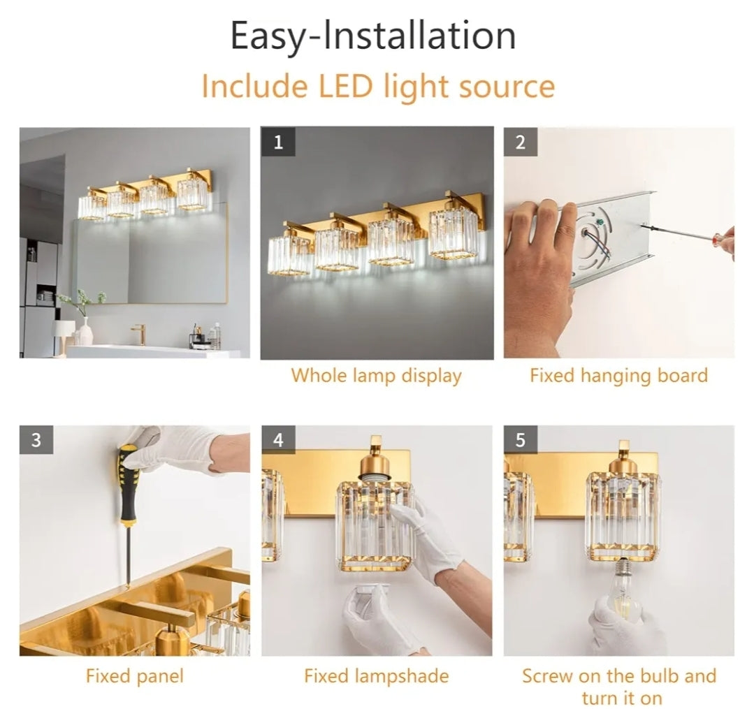 Modern 4-Light Gold Brushed Brass Finish Crystal Bathroom Vanity Light Fixtures