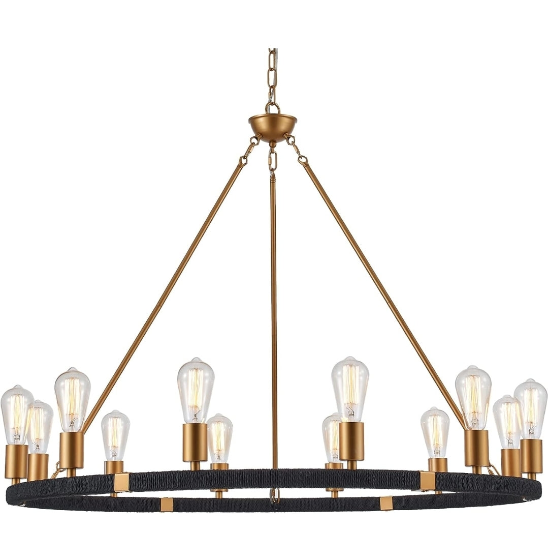 12-Lights Wagon Wheel Chandelier Bohemia Black Hand Woven Rattan Chandelier Farmhouse Large Brass Pendant Light for High Ceilings Living Room Dining Room, Dia 42 Inch, UL Listed
