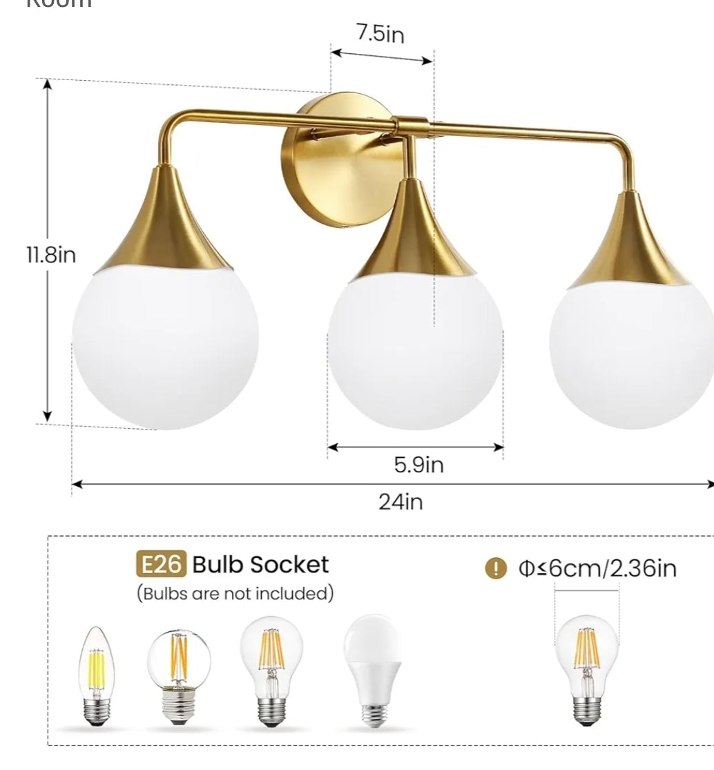 Bathroom Vanity Light Fixtures: 3-Light Mid Century Modern Bathroom Lighting Fixtures Over Mirror - Brass Gold Wall Sconce with Milky White Globe Glass for Bath Living Room