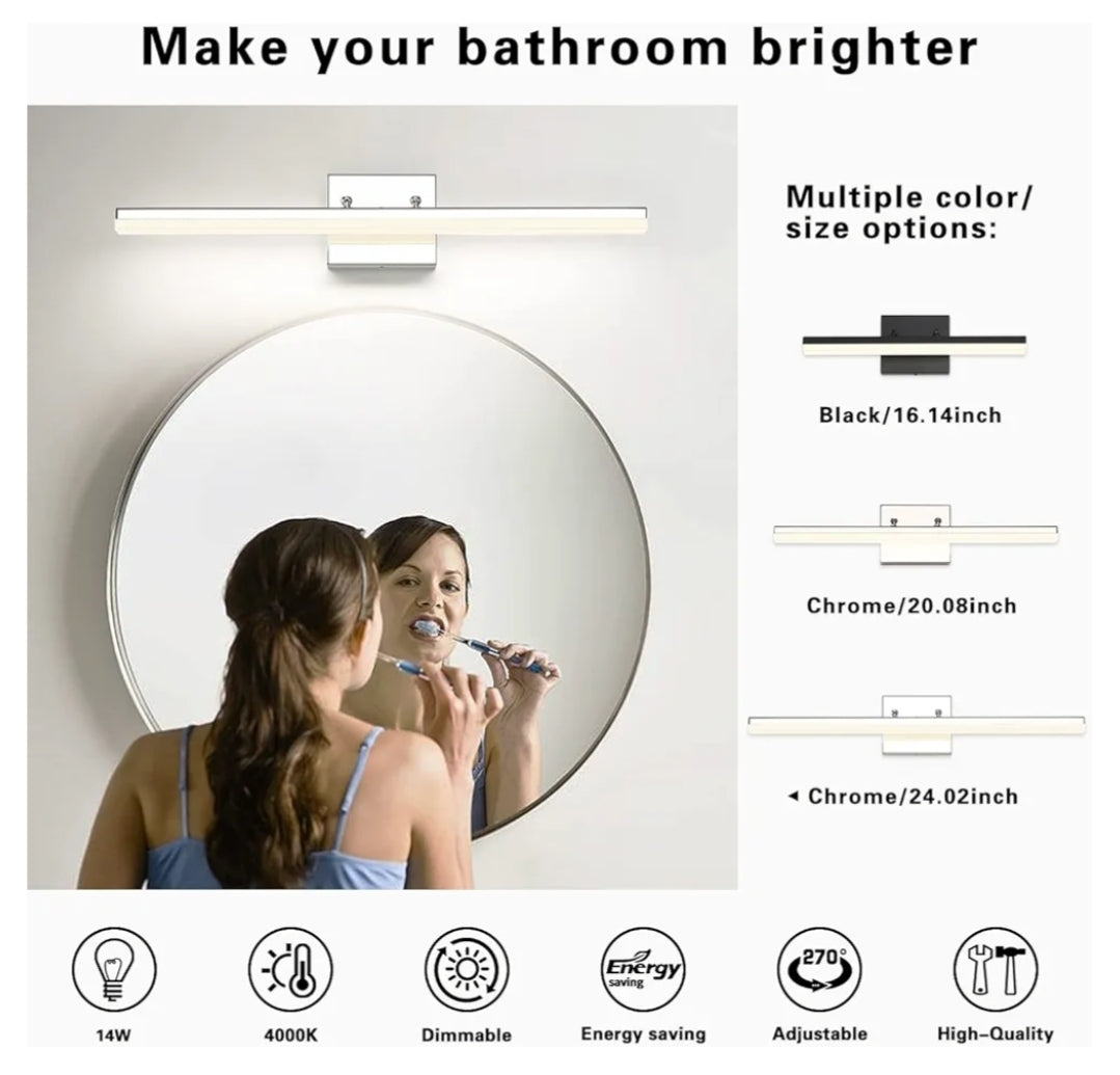 Modern 24" Bathroom Vanity Light Dimmable 14W LED Fixtures for Mirror - Adjustable Chrome 4000K