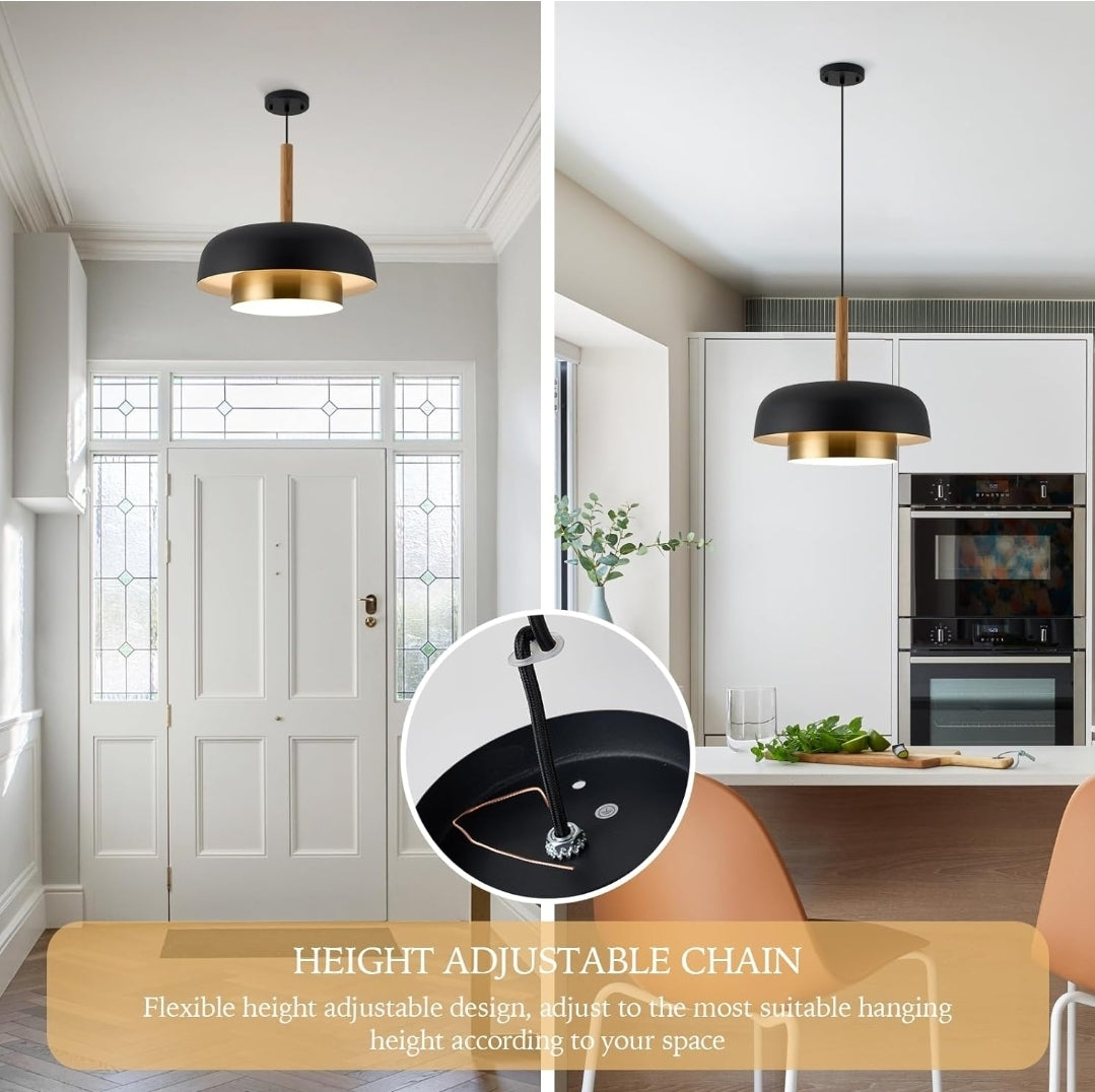 Mid Century Pendant Lighting,18.8 inch,2 Tiers,Raw Wood Accent,Black and Gold Modern Chandelier for Kitchen Island, Dining Room, Living Room