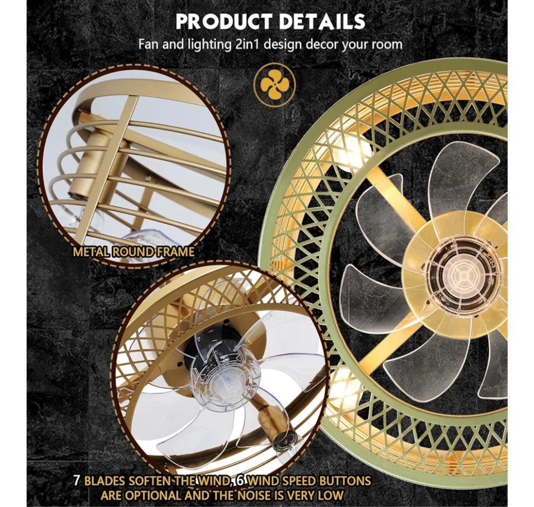 Gold Caged Ceiling Fans with Lights and Remote Control 6-Speed Reversible Noiseless Motor 18" Fandelier Ceiling Fans with Lights Bladeless Ceiling Fan Light for Bedroom and Kitchen