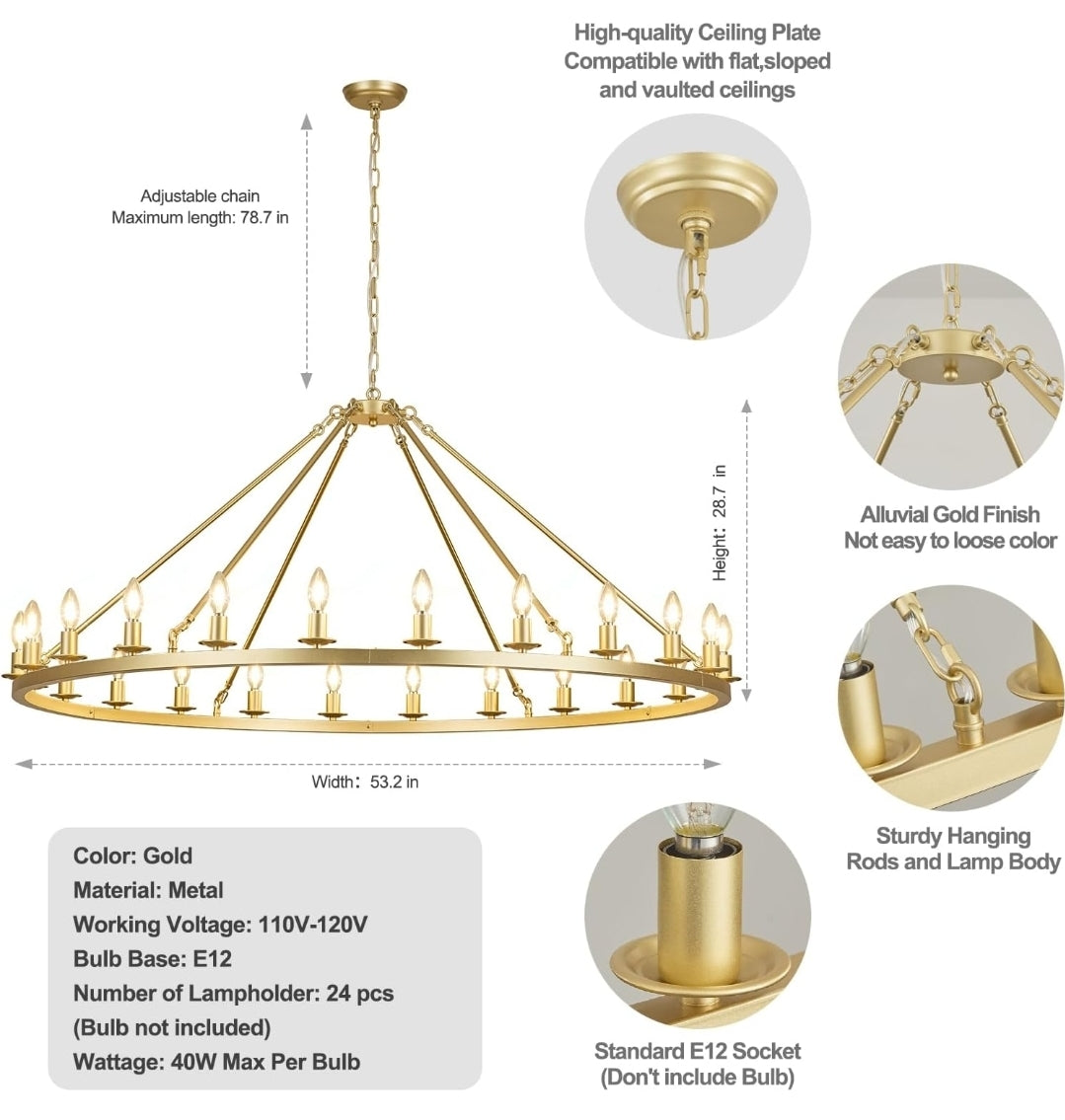 Gold Wagon Wheel Chandelier 53-Inch 24-Light,Extra Large Round Rustic Farmhouse Chandelier Metal Circle Chandeliers for Dining Room Living Room High Ceilings