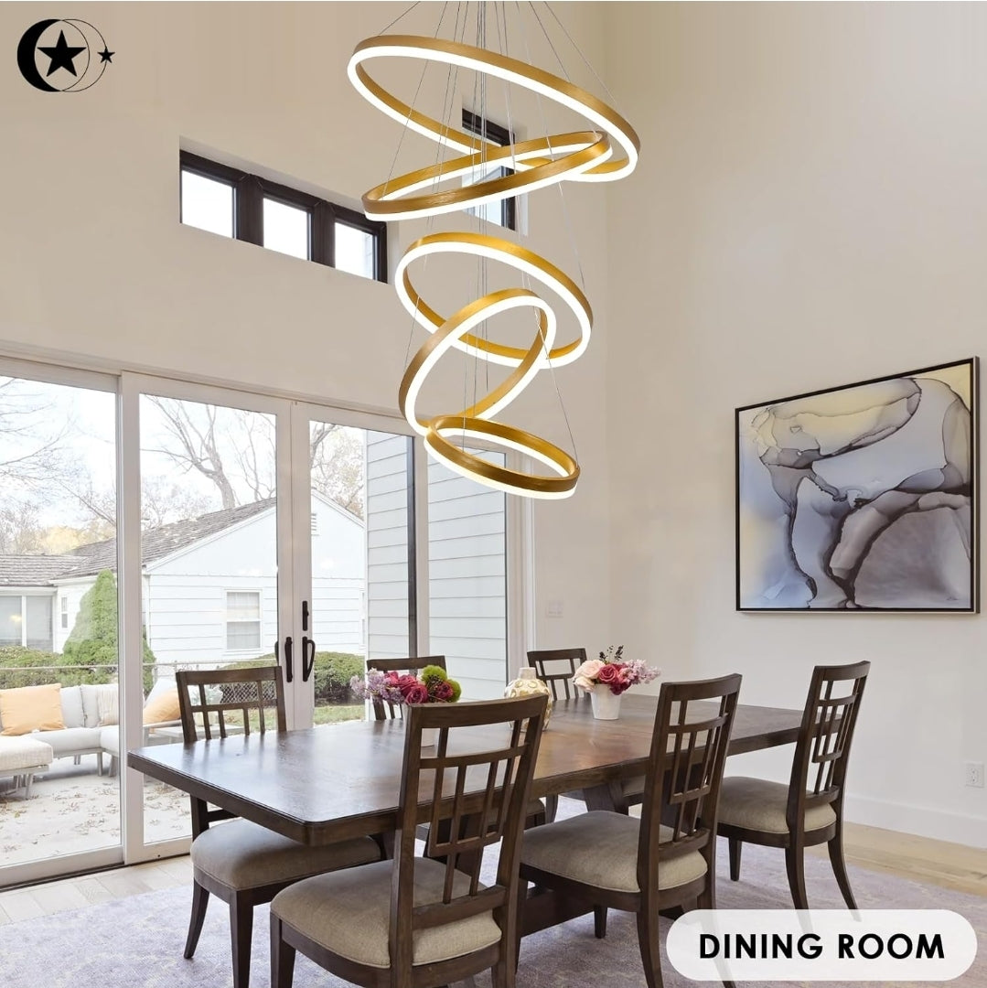 5-Rings Modern LED Chandelier Gold Dimmable High Ceiling Chandelier for Dining Room with Remote Control for Foyer Living Room Entryway Staircase(D23.6’’, 3000K-6500K)