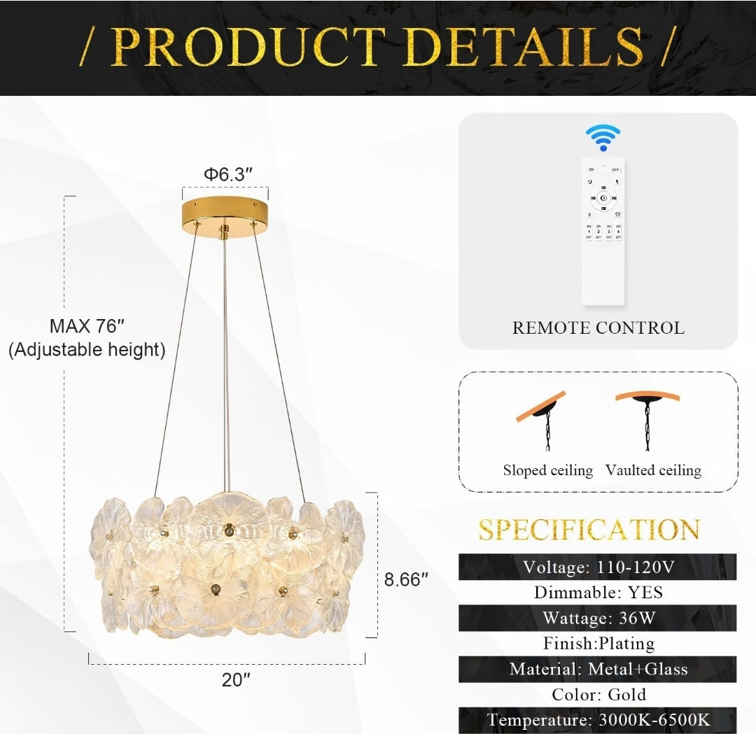 Modern Gold Glass LED Chandelier 20" Elegant Lotus Leaf Dimmable Ceiling Chandeliers with Remote Control Luxury for Foyer Entryway Living Dining Room(3000K-6500K)