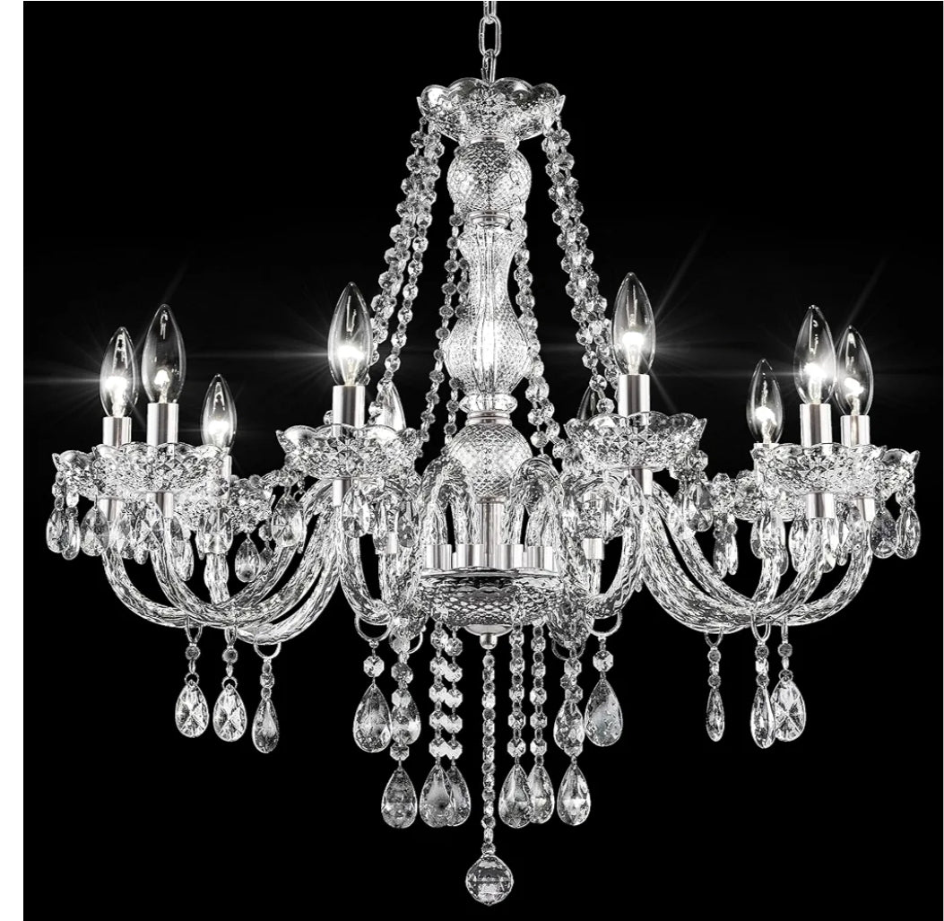 PAPAYA Plug in Crystal Chandeliers Clear Chandelier 25 * 27.5in 10-Light Modern Pendant Ceiling Lighting Fixture with Acrylic Crystals & Beads for Girls Room,Living Room,Kitchen Island,Entryway.