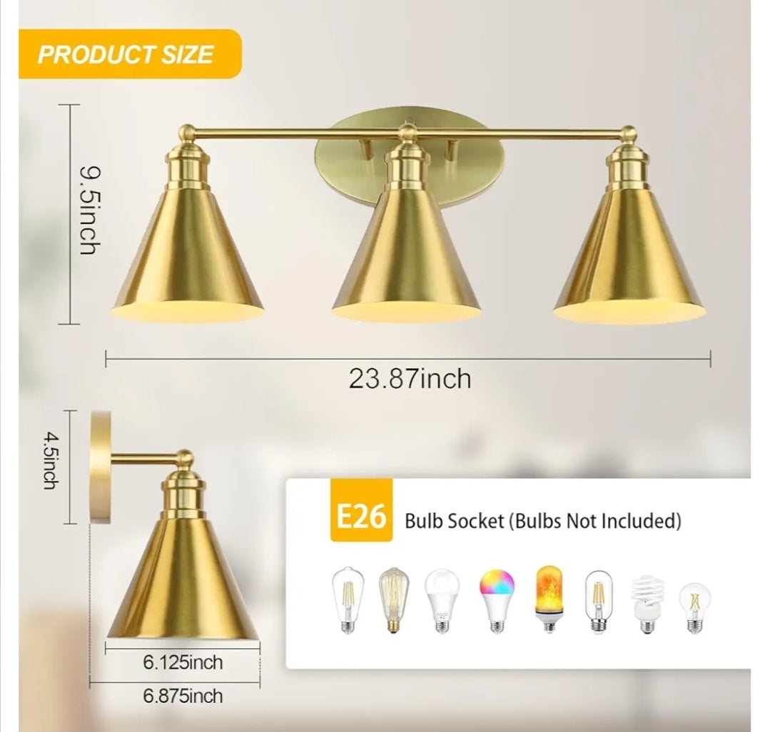 Kalium Bathroom Light Fixtures, 3 Light Mid Century Modern Bathroom Lighting Fixtures Over Mirror, 24 Inch Gold Bathroom Vanity Light, Anti-Rust Vanity Lights for Bathroom Shower Toilet E26 Bulbs