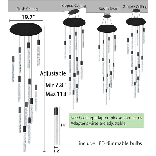 118" High Ceiling Chandelier Linear Crystal Pendants, Remote Dimmable, Compatible Sloped Ceilings, 12-Light Matte Black, 60 Watts LED, 4800 Lumens