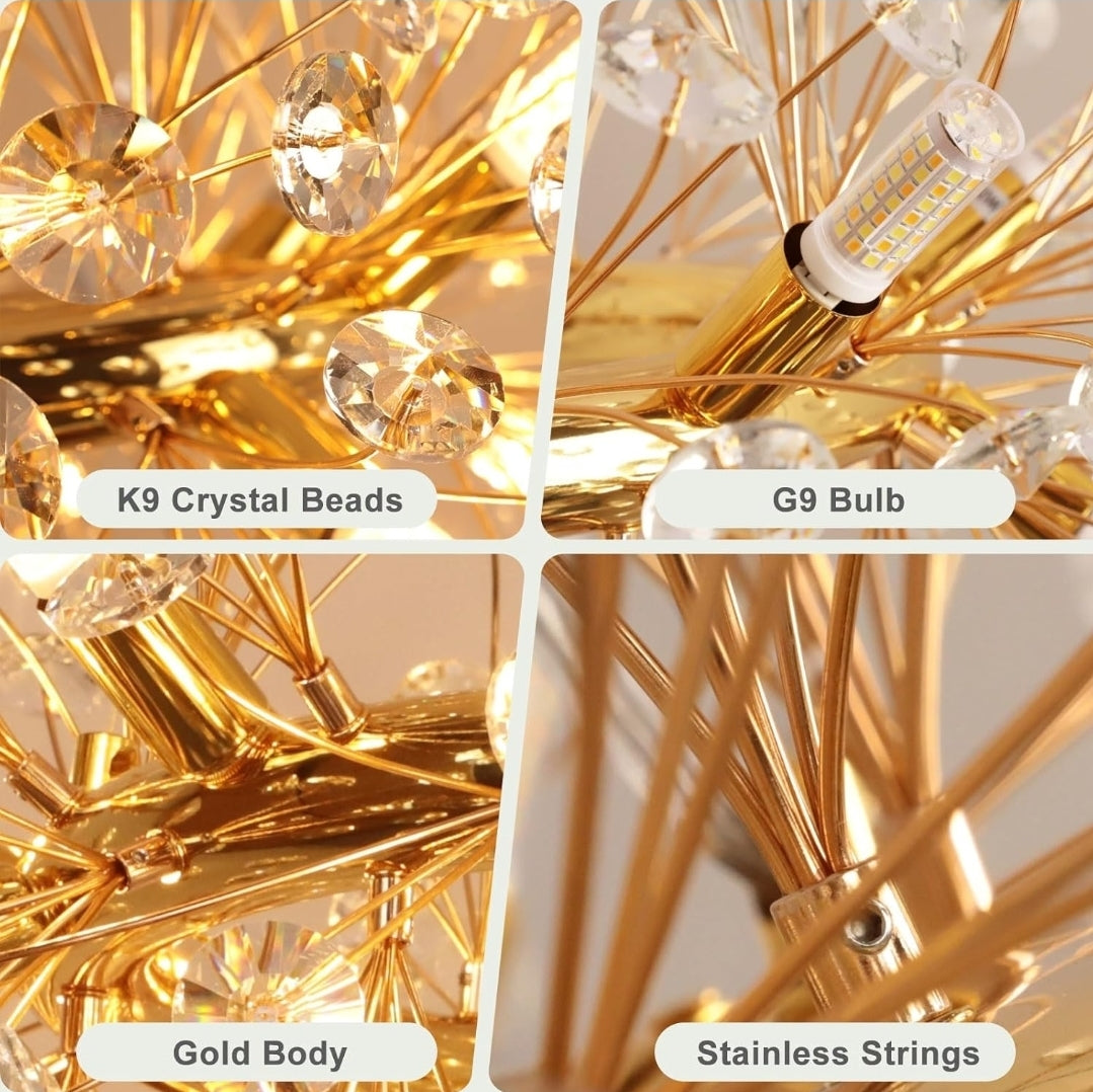 Modern Crystal Dandelion Chandelier - 12-Light Gold for Dining Room - Large Luxury K9 Crystal (Included G9 Bulbs)