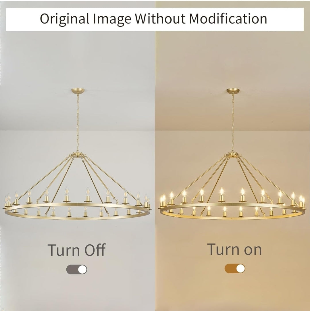 Gold Wagon Wheel Chandelier 53-Inch 24-Light,Extra Large Round Rustic Farmhouse Chandelier Metal Circle Chandeliers for Dining Room Living Room High Ceilings