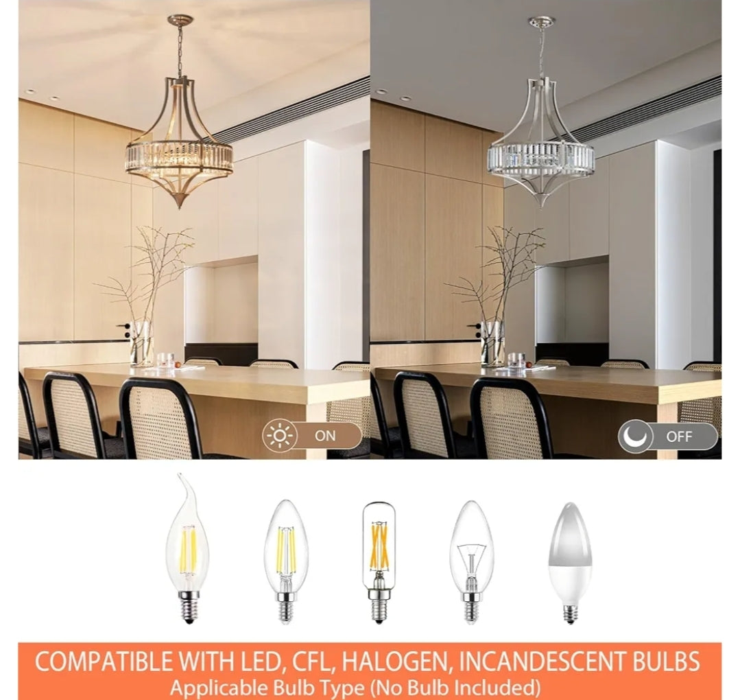 Rustic Large Farmhouse Chandelier for Dining Room with Round Metal Shade 6-Light Brushed Nickel Light Fixture, Crystal Chandeliers for Hallway, Bedroom, Foyer