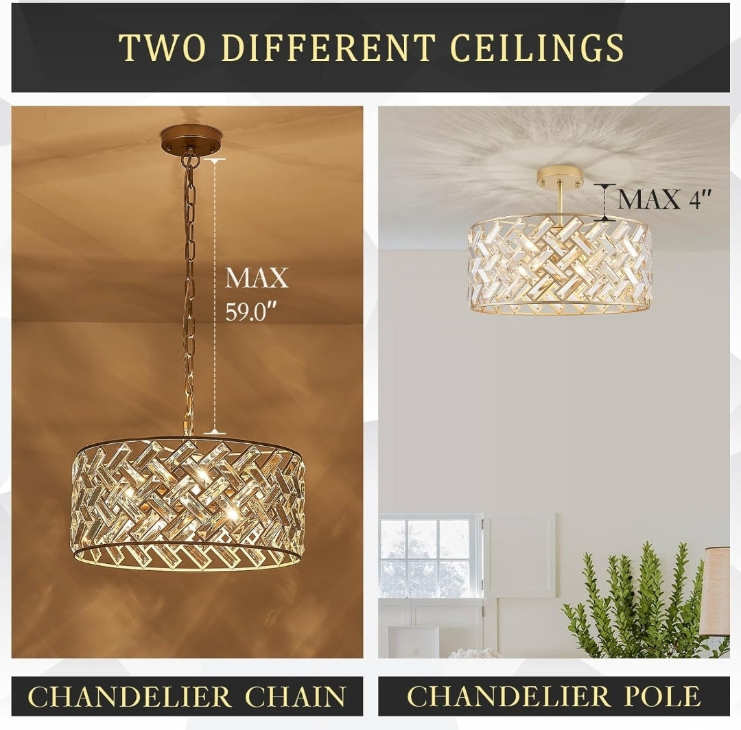 Gold Crystal Chandelier Modern 18" Round Semi Flush Mount Ceiling Light for Dining Living Room Bedroom & Foyer - Large Round Pendant Fixture