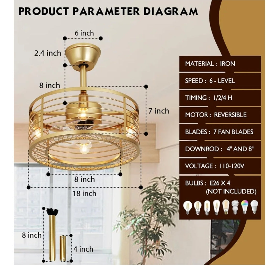 Gold Caged Ceiling Fans with Lights and Remote Control 6-Speed Reversible Noiseless Motor 18" Fandelier Ceiling Fans with Lights Bladeless Ceiling Fan Light for Bedroom and Kitchen